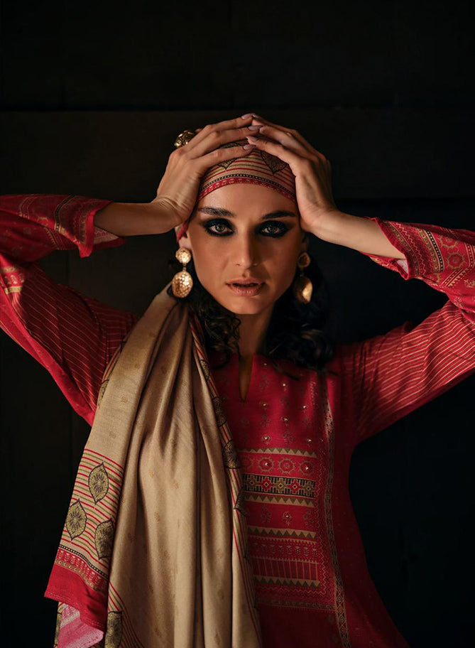 Red Viscose Pashmina Unstitched Winter Suit Dress Material for Women