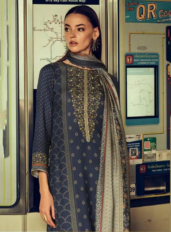 Viscose Pashmina Blue Unstitched Winter Salwar Suit Set Dress Material