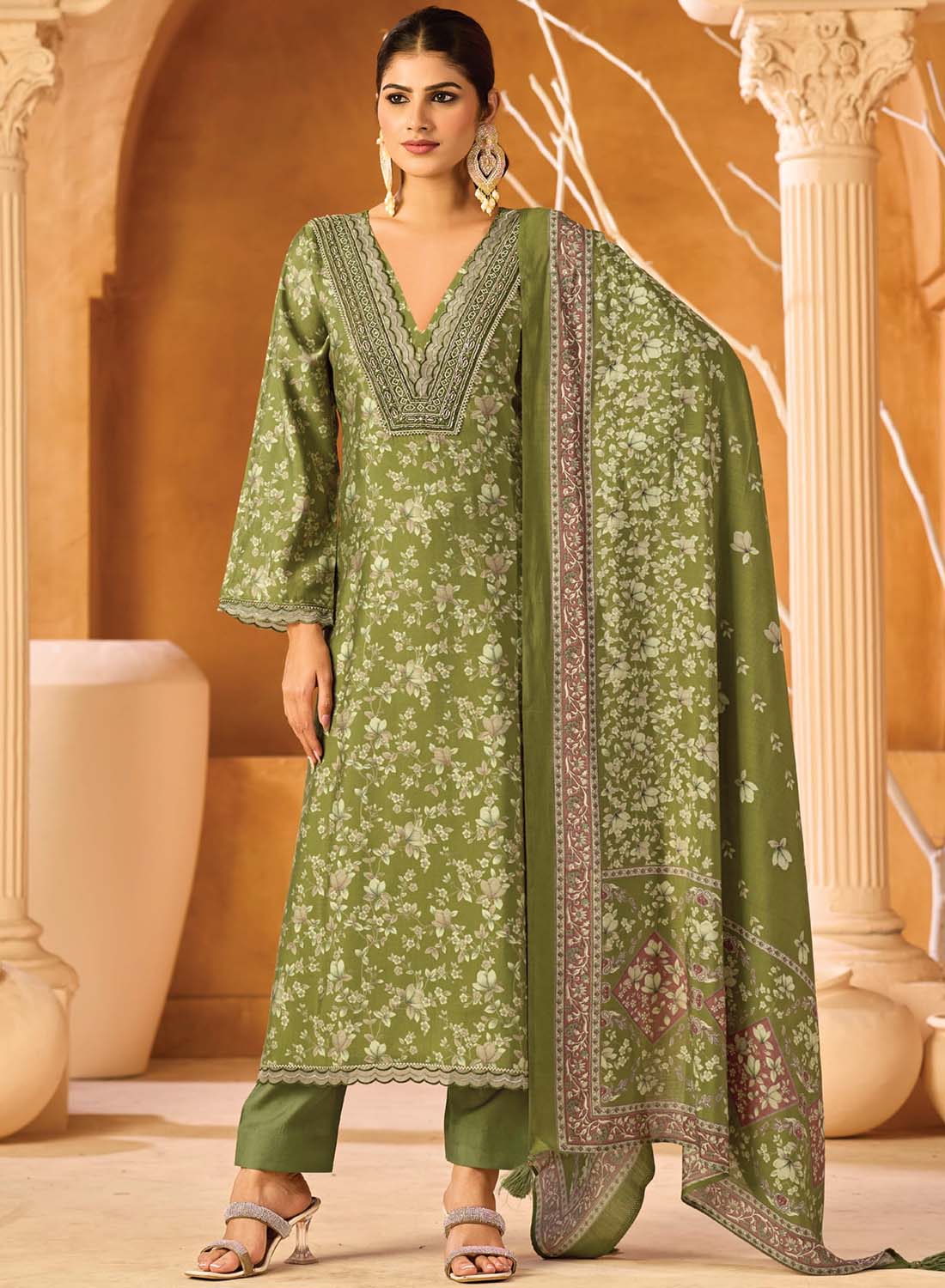 Party Wear Muslin Silk Green Unstitched Salwar Suit Material with Dupatta