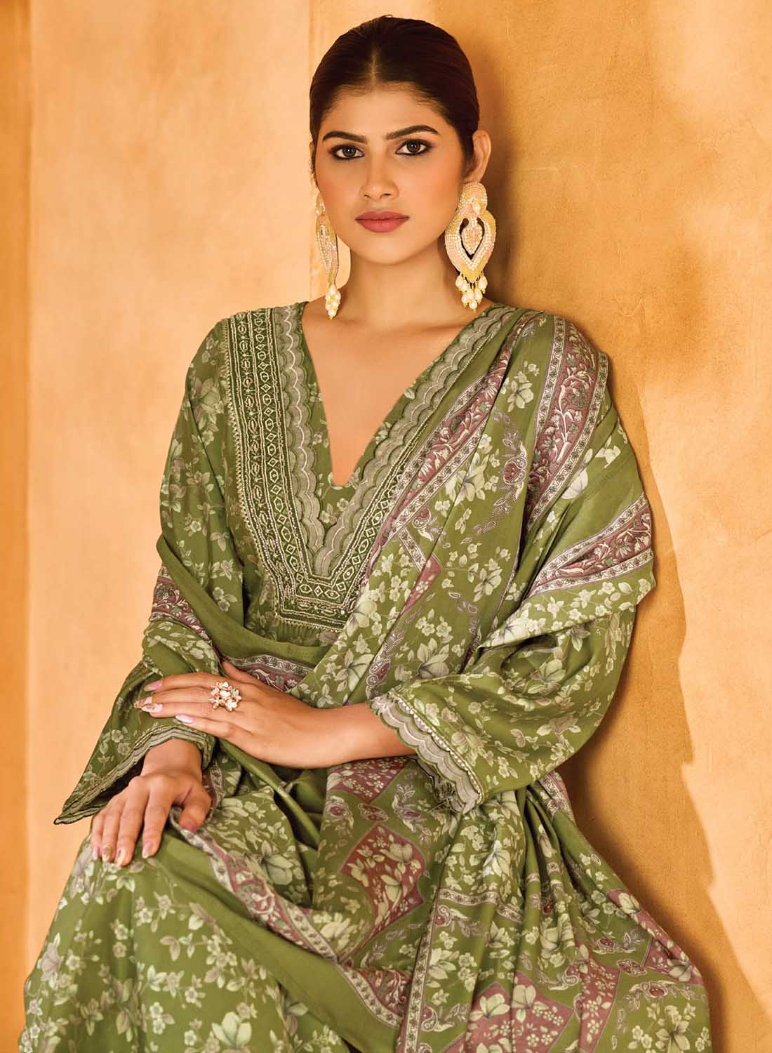 Party Wear Muslin Silk Green Unstitched Salwar Suit Material with Dupatta