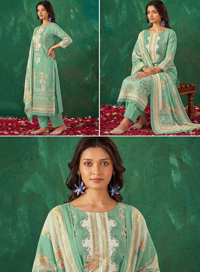 Pure Cotton Lawn Green Unstitched Salwar Suit Material with Dupatta