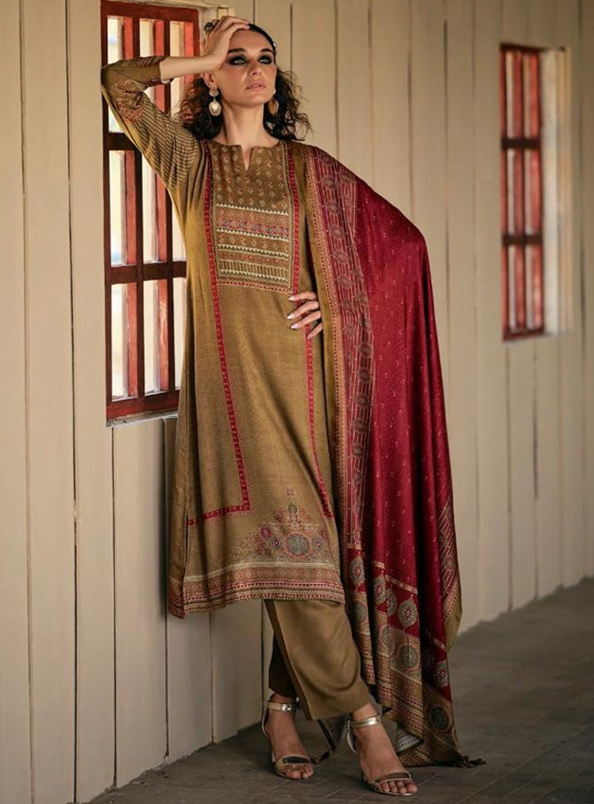 Brown Viscose Pashmina Unstitched Winter Suit Dress Material for Women