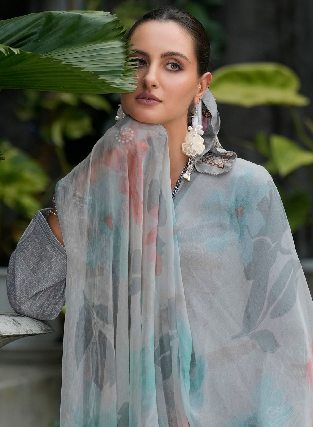 Pure Cotton Lawn Grey Unstitched Salwar Suit with Chiffon Dupatta