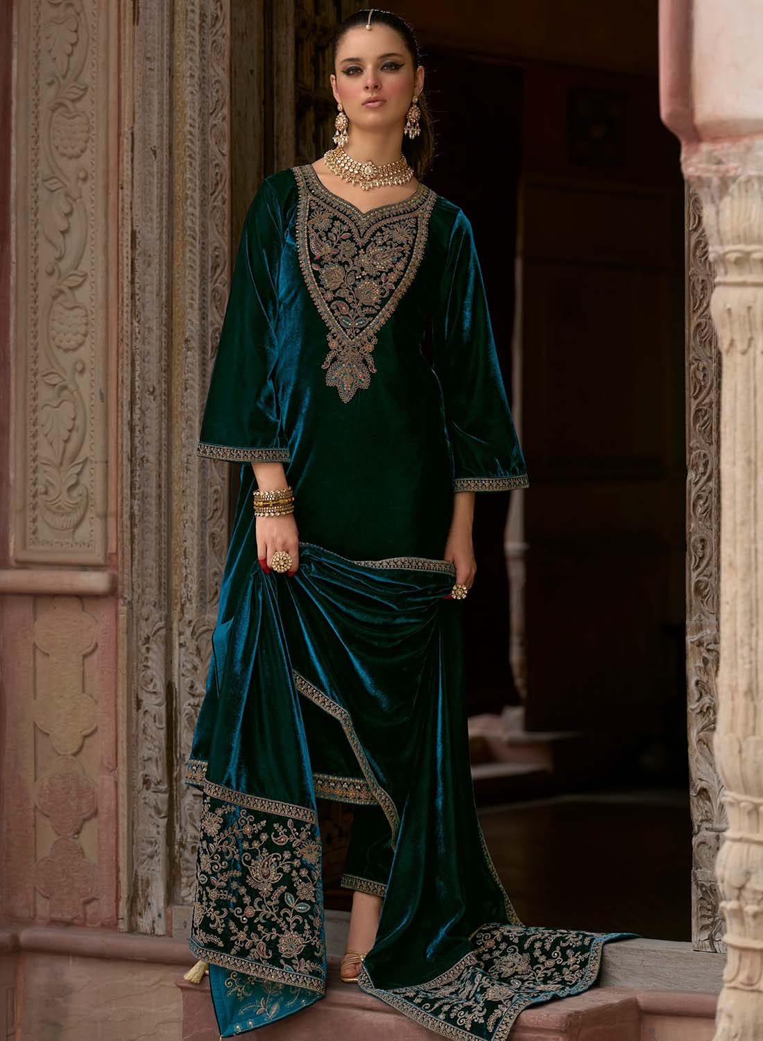 Party Wear Velvet Unstitched Suit Set Dress Material with Dupatta