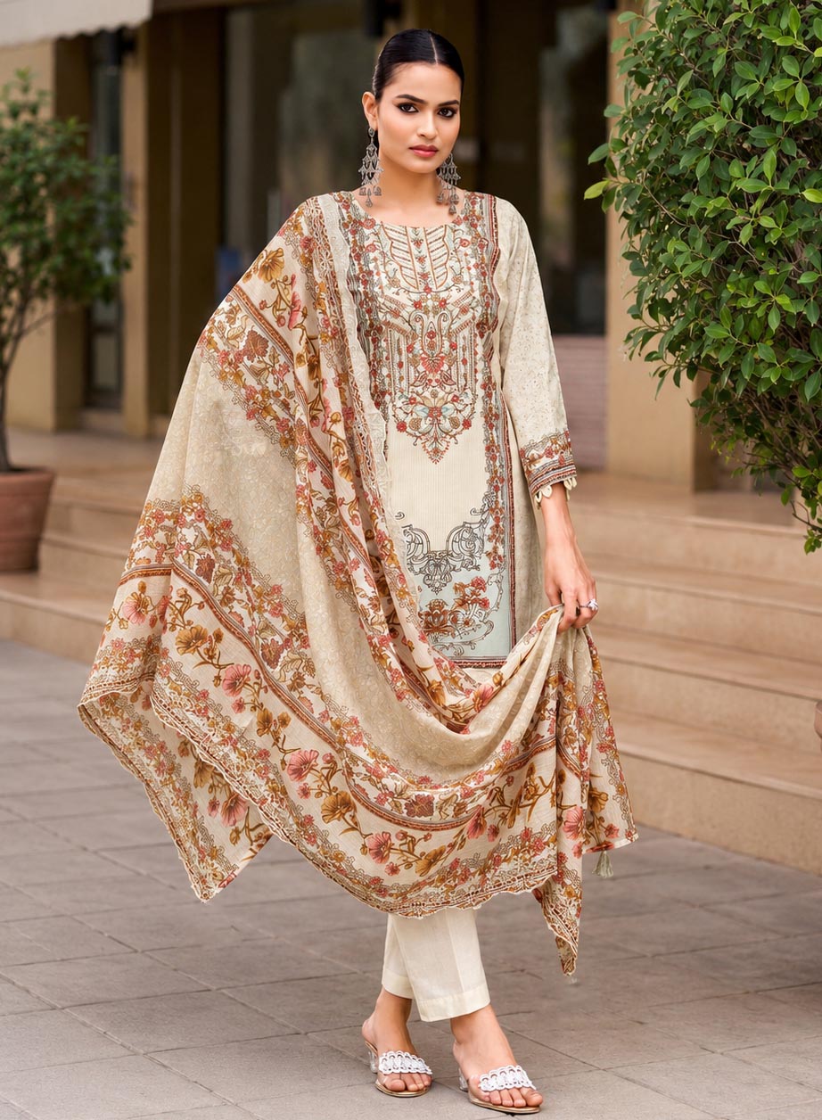 Pakistani Print Cambric Cotton Unstitched Suit Material with Embroidery