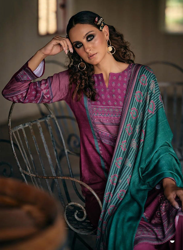 Pink Viscose Pashmina Unstitched Winter Suit Dress Material for Women