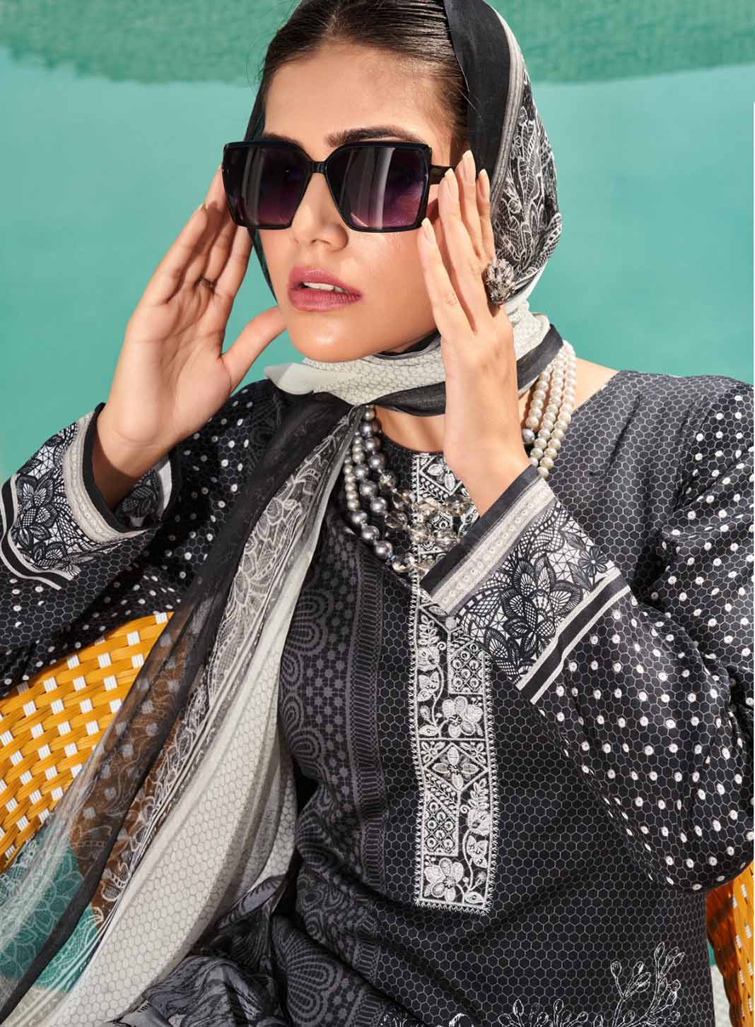 Black Cotton Satin Unstitched Suit Set Dress Material for Women