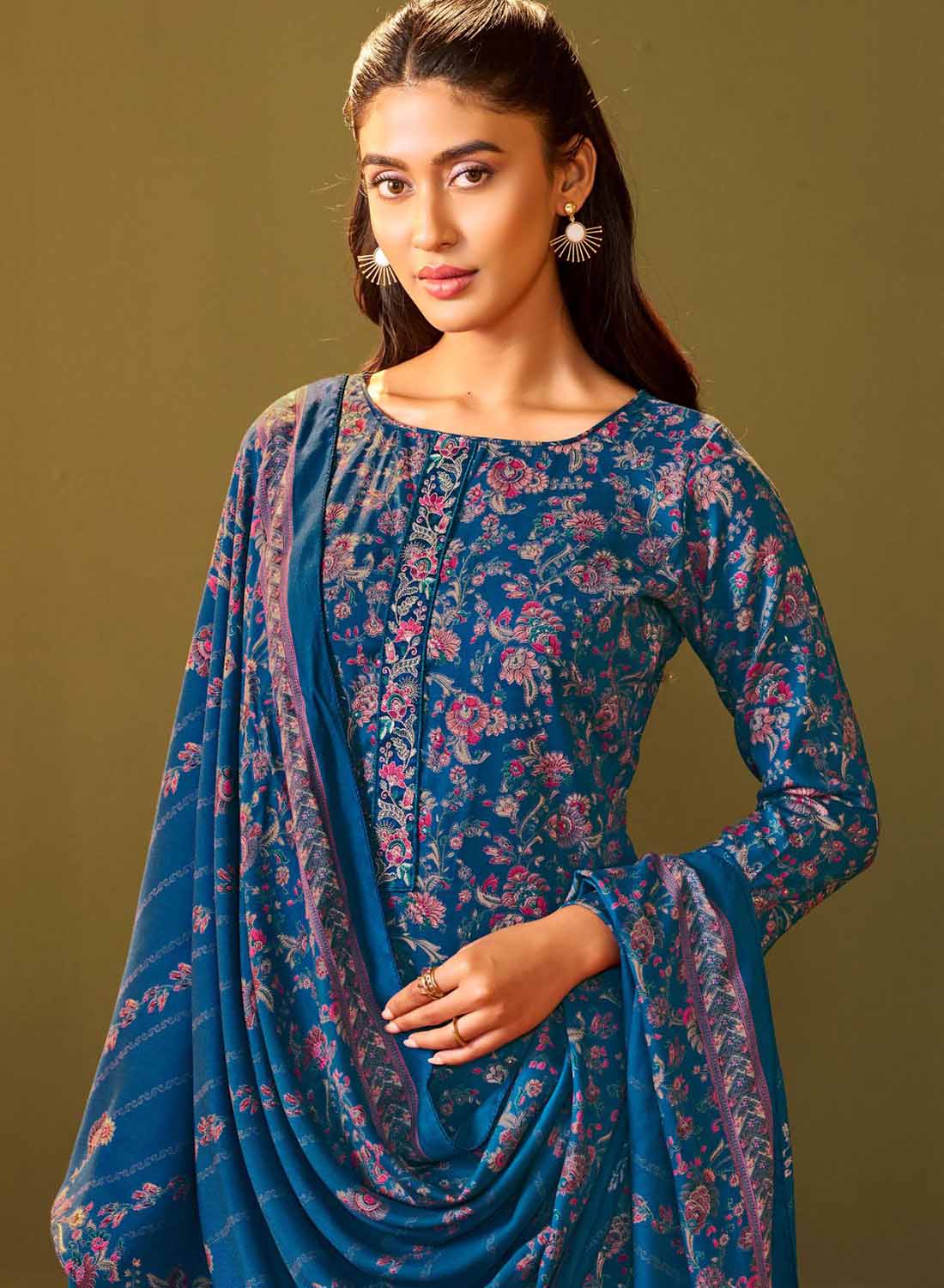 Blue Printed Unstitched Winter Salwar Suit Set Material for Women
