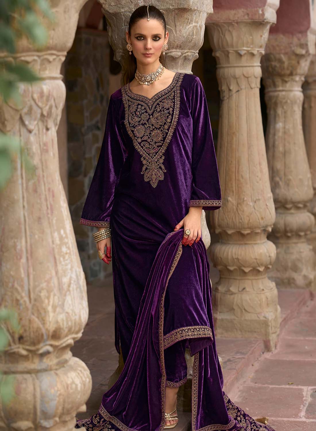 Party Wear Purple Velvet Unstitched Suit Set Dress Material with Dupatta
