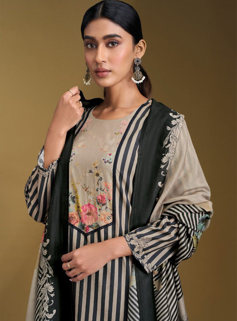 Black Pure Lawn Cotton Unstitched Salwar Suit Material with Silk Dupatta