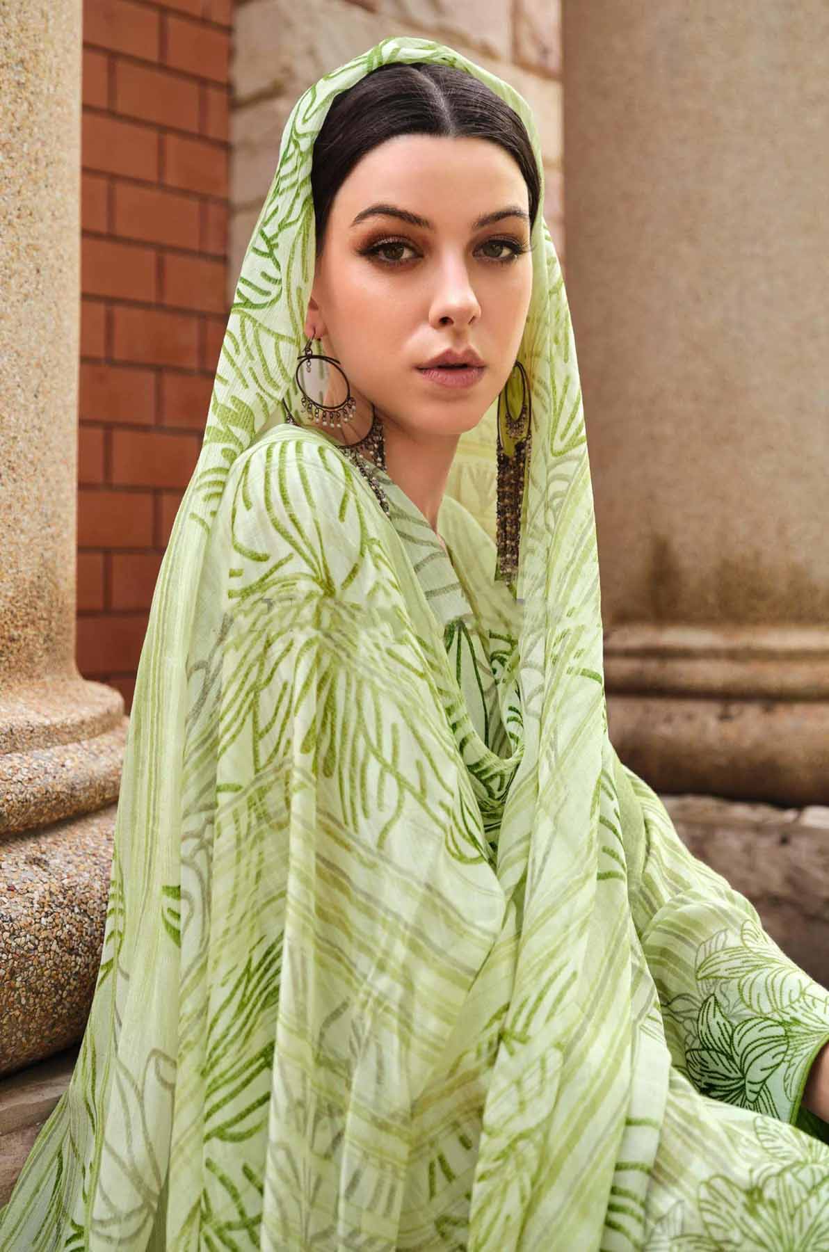 Yesfab Unstitched Cotton Women Salwar Suits with Chinnon Dupatta Green