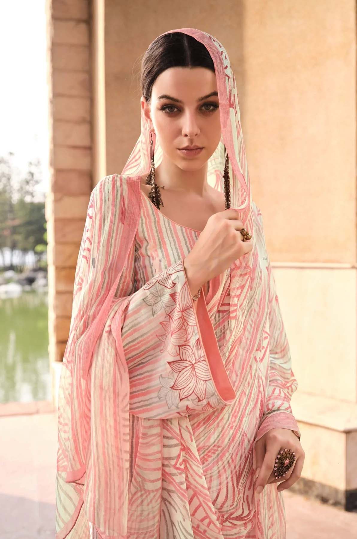 Yesfab Unstitched Women Cotton Salwar Suits with Chinnon Dupatta Peach