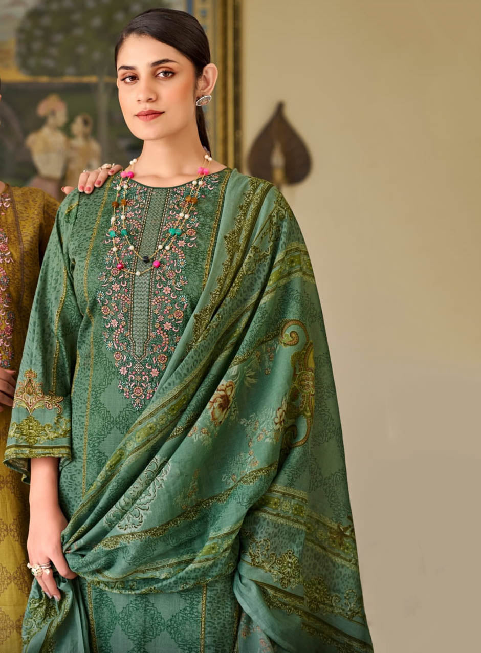 Pure Cambric Cotton Green Unstitched Suit Dress Material for Women
