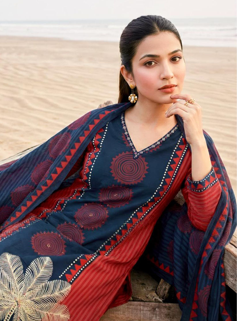 Pure Cotton Lawn Printed Red Unstitched Salwar Suit for Women