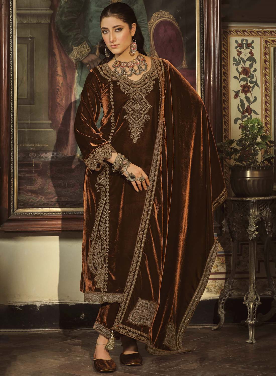 green emerald velvet dress Party Wear Pakistani Unstitched Velvet Suit Dress Material with Embroi –  Stilento