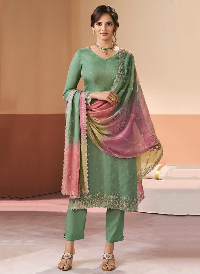 Party Wear Green Glitter Silk Unstitched Salwar Suit Material for Women