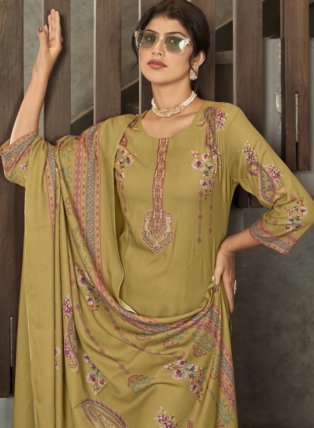 Viscose Pashmina Unstitched Winter Suit Dress Material with Neck Embroidery