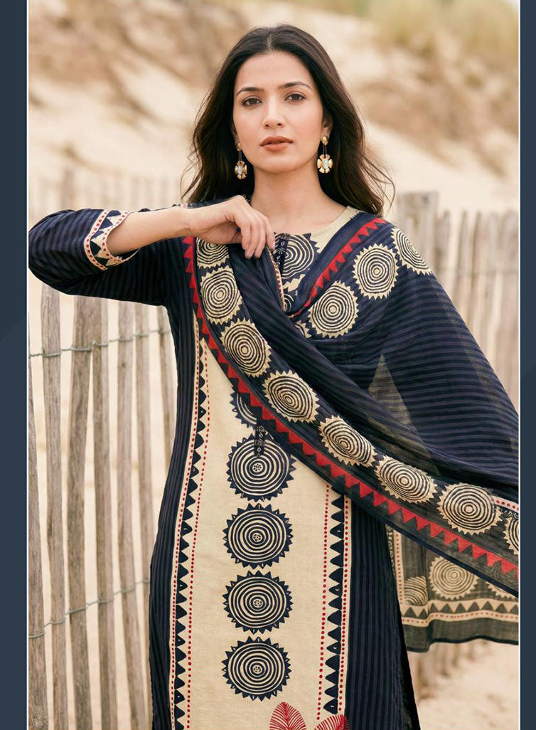 Pure Cotton Lawn Printed Dark Blue Unstitched Salwar Suit for Women