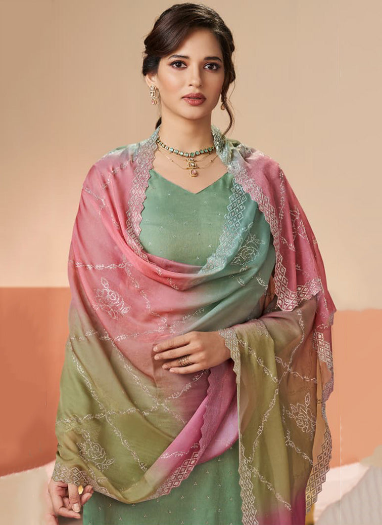 Party Wear Green Glitter Silk Unstitched Salwar Suit Material for Women