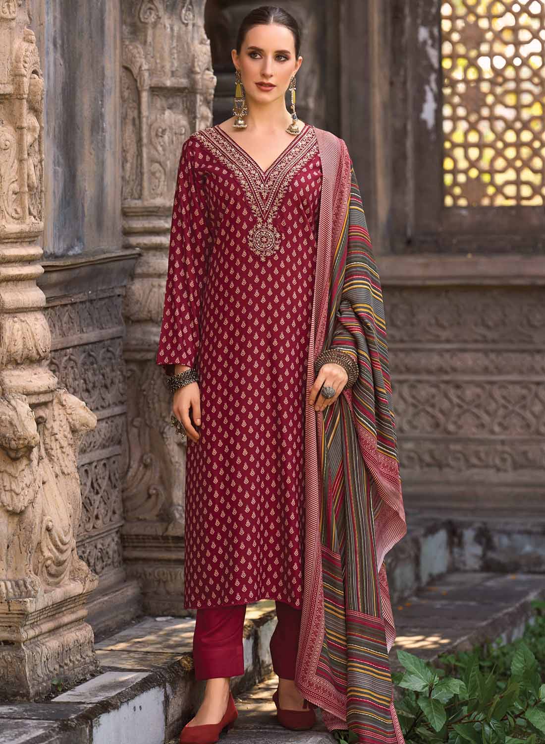 Red Party Wear Pashmina Unstitched Winter Salwar Suit Dress Material