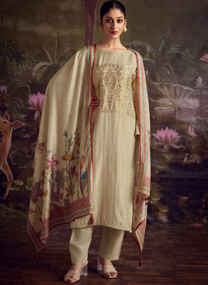 Party Wear Beige Soft Silk Unstitched Salwar Suit Dress Material for Women