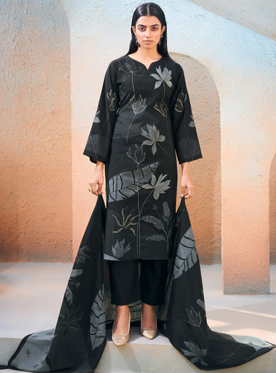 Mumtaz Arts Women's Printed Black Unstitched Muslin Salwar Suit Fabric
