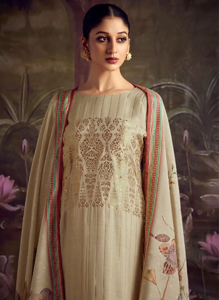 Party Wear Beige Soft Silk Unstitched Salwar Suit Dress Material for Women