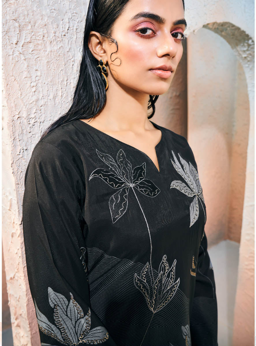 Mumtaz Arts Women's Printed Black Unstitched Muslin Salwar Suit Fabric