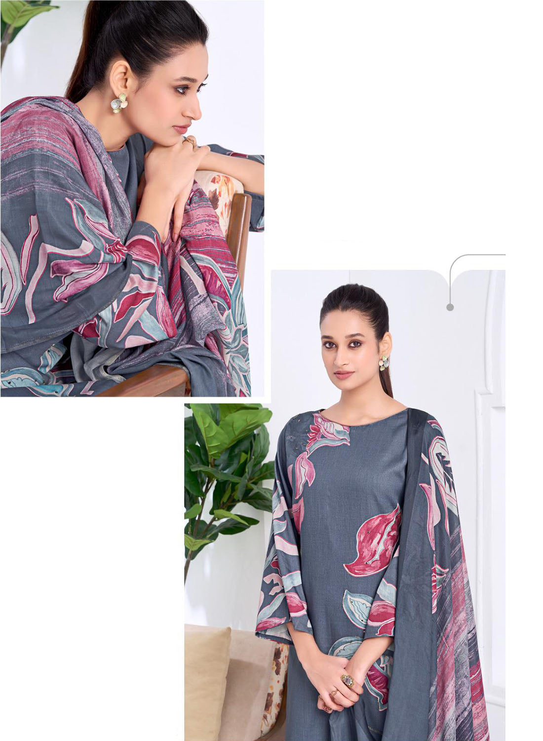 Grey Cotton Satin Printed Unstitched Salwar Suit Material with Dupatta