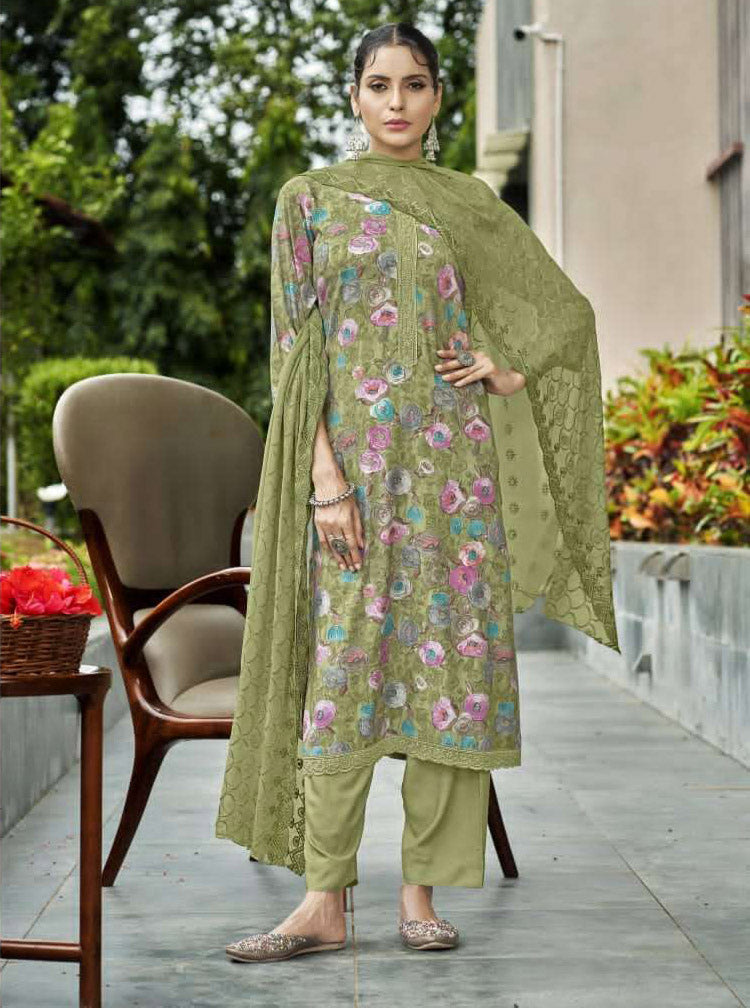 Unstitched Green Pashmina Winter Suit Set Material with Chiffon Dupatta