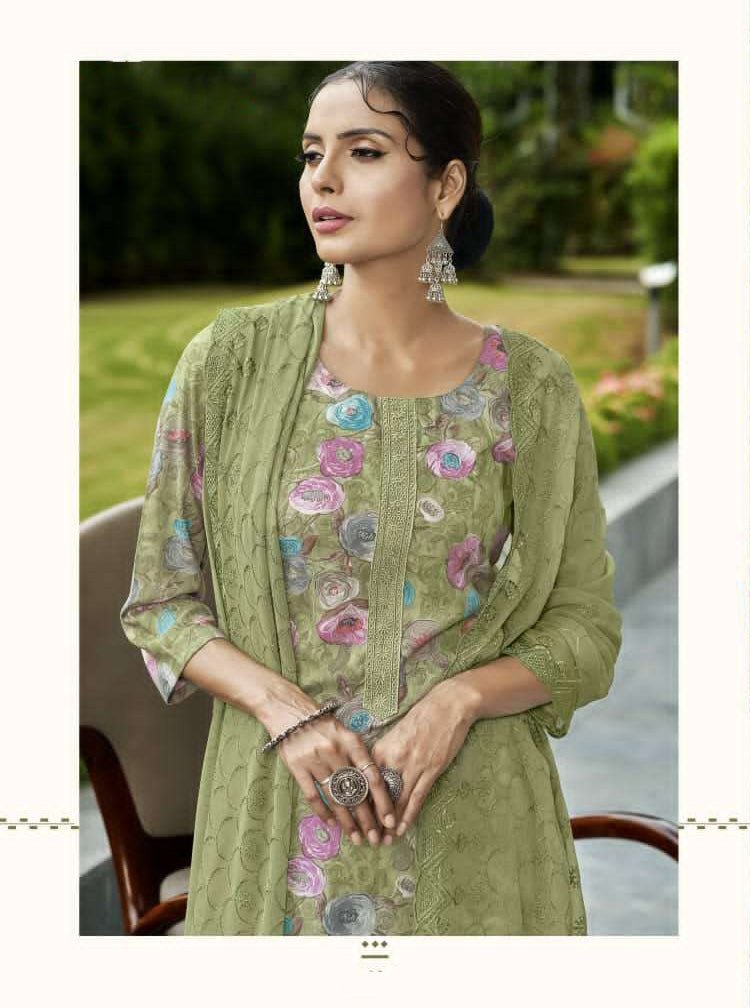 Unstitched Green Pashmina Winter Suit Set Material with Chiffon Dupatta