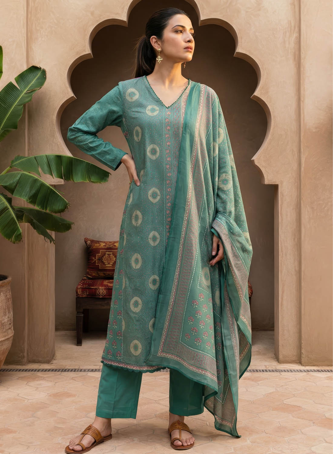 Ethnic Pure Cotton Green Unstitched Salwar Suit Material for Women