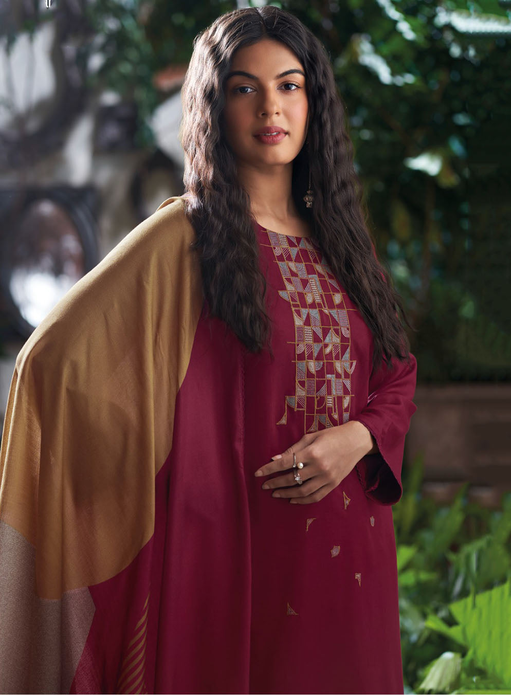 Ganga Pure Pashmina Unstitched Winter Suit Material with Embroidery