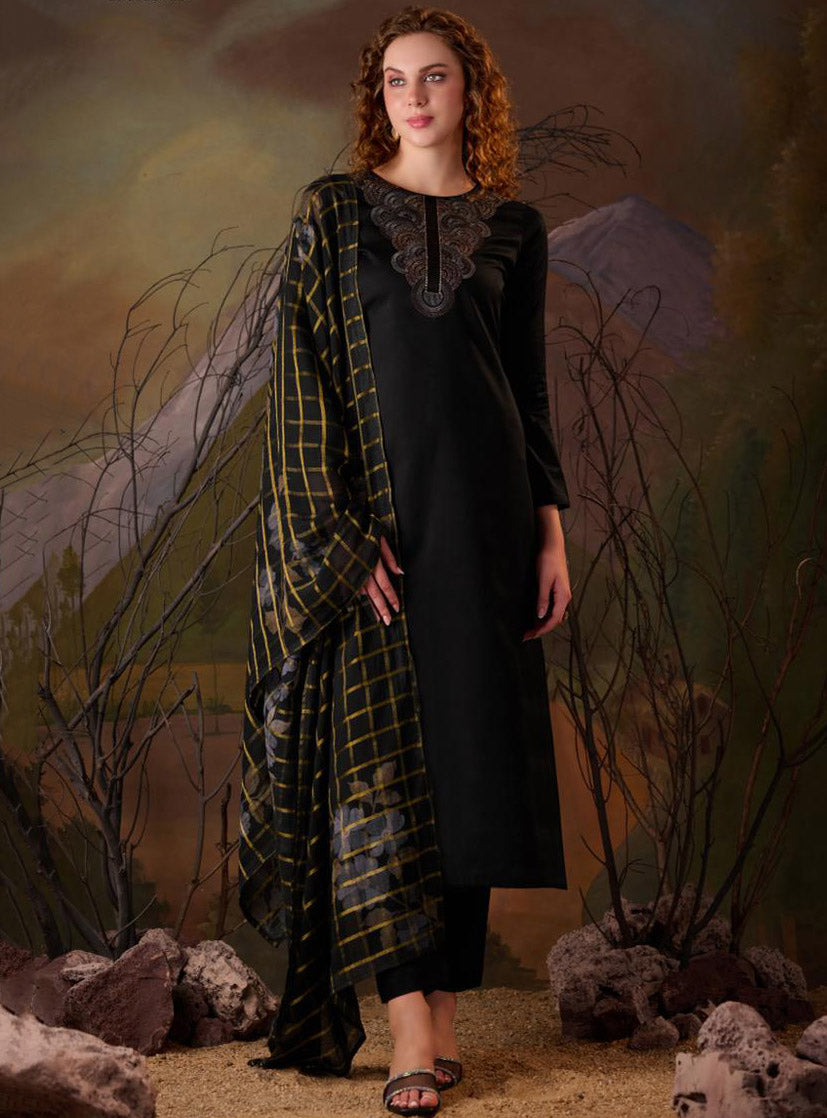 Black Party Wear Cotton Silk Unstitched Suit Material for Women