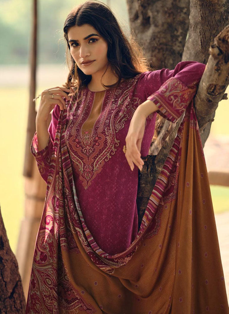 Pink Pashmina Unstitched Winter Salwar Suit Fabric Material for Women