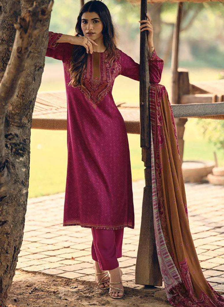 Pink Pashmina Unstitched Winter Salwar Suit Fabric Material for Women