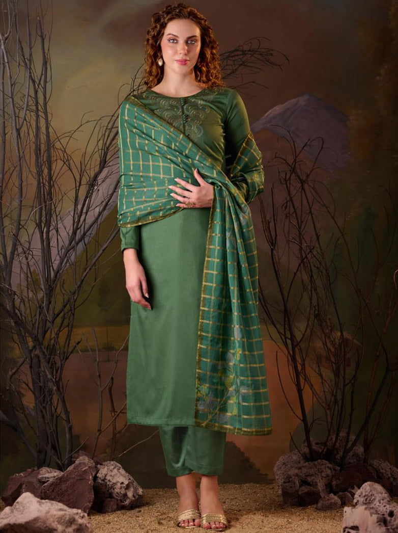 Green Party Wear Cotton Silk Unstitched Suit Material for Women