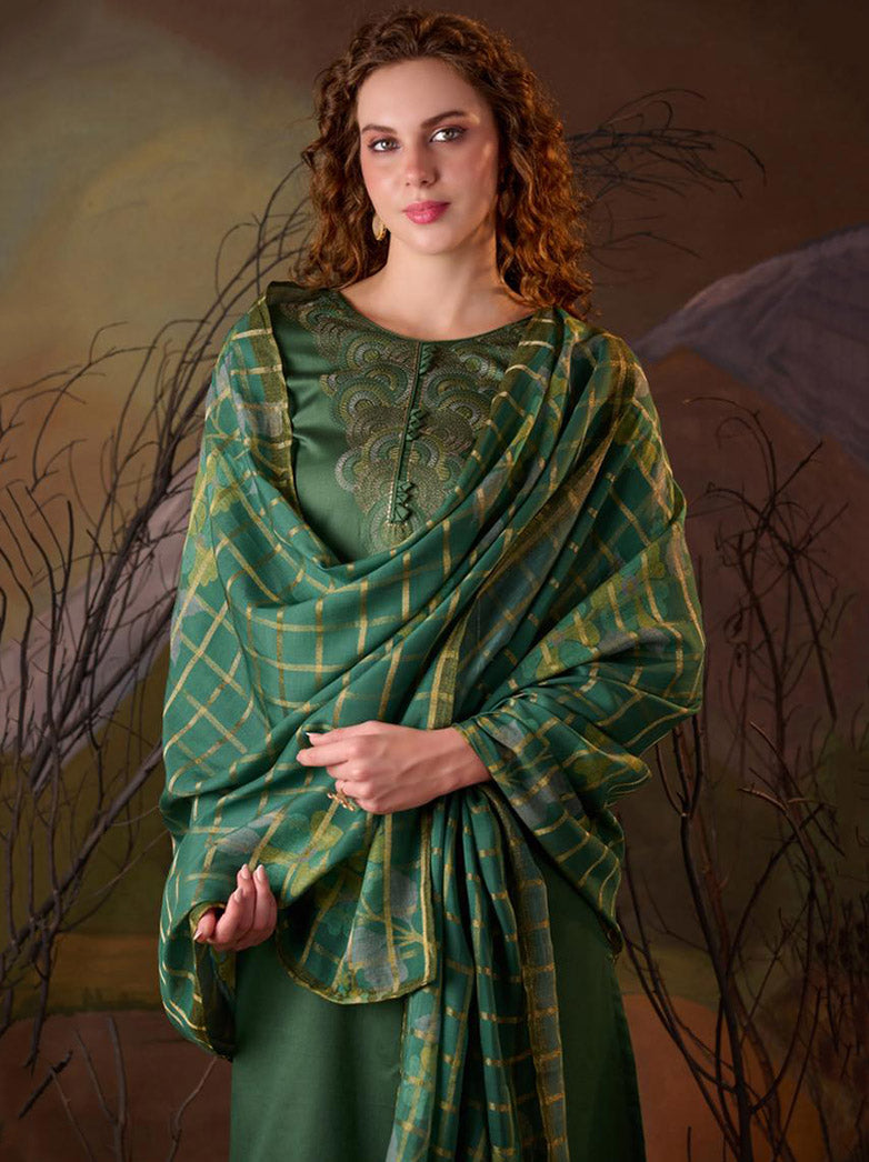 Green Party Wear Cotton Silk Unstitched Suit Material for Women