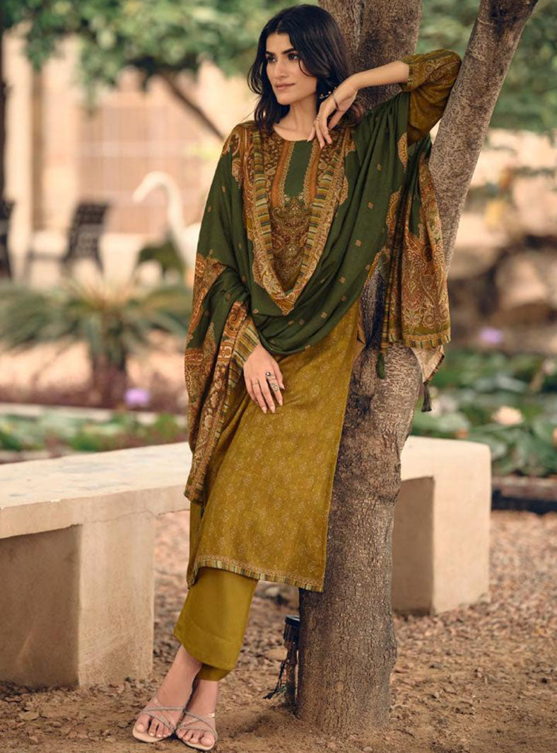 Mustard Green Pashmina Unstitched Winter Salwar Suit Fabric Material