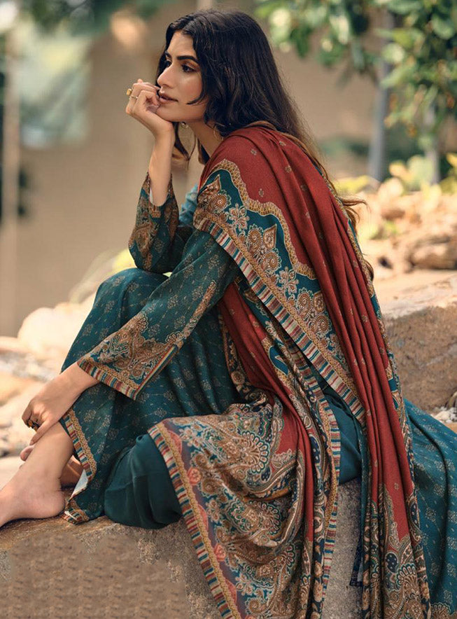 Teal Pashmina Unstitched Winter Salwar Suit Set Fabric Dress Material