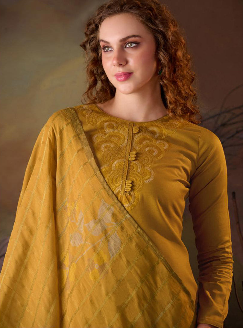 Mustard Party Wear Cotton Silk Unstitched Suit Material for Women