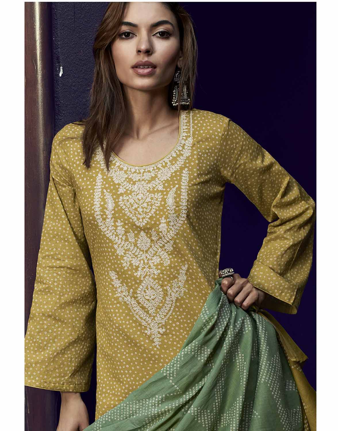 Mumtaz Arts Lawn Cambric Cotton Unstitched Women Suit Set Yellow