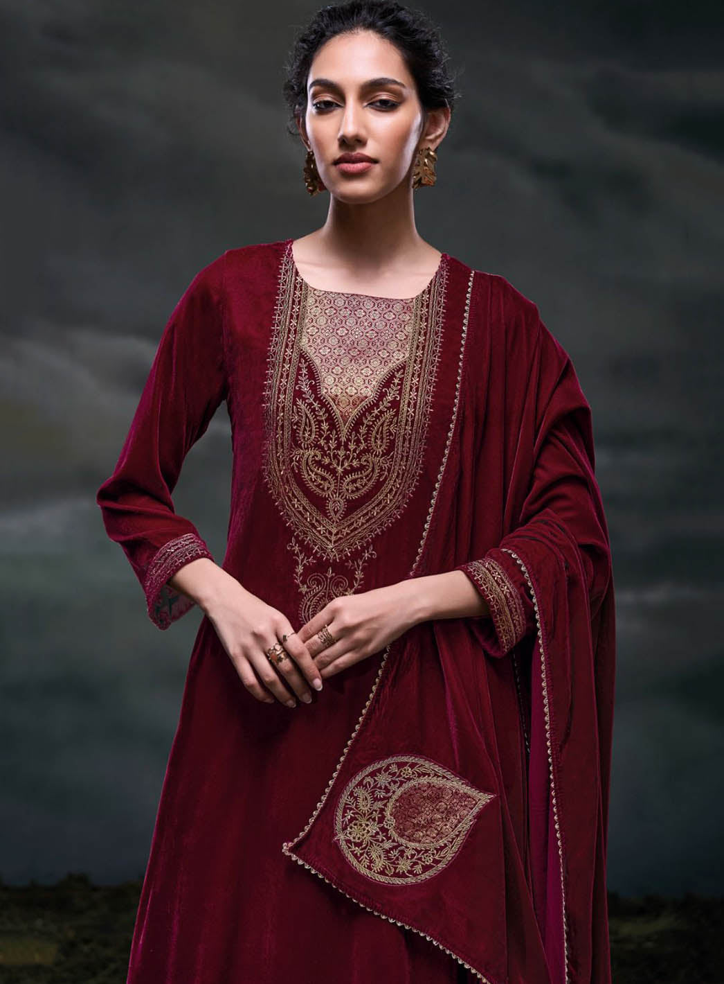 Ganga Party Wear Unstitched Velvet Winter Suit Material with Embroidery