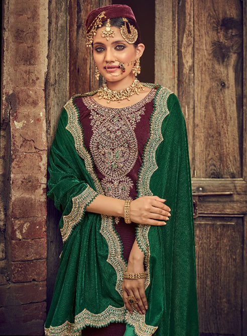 Party Wear Unstitched Purple Winter Velvet Suit Dress Material for Women