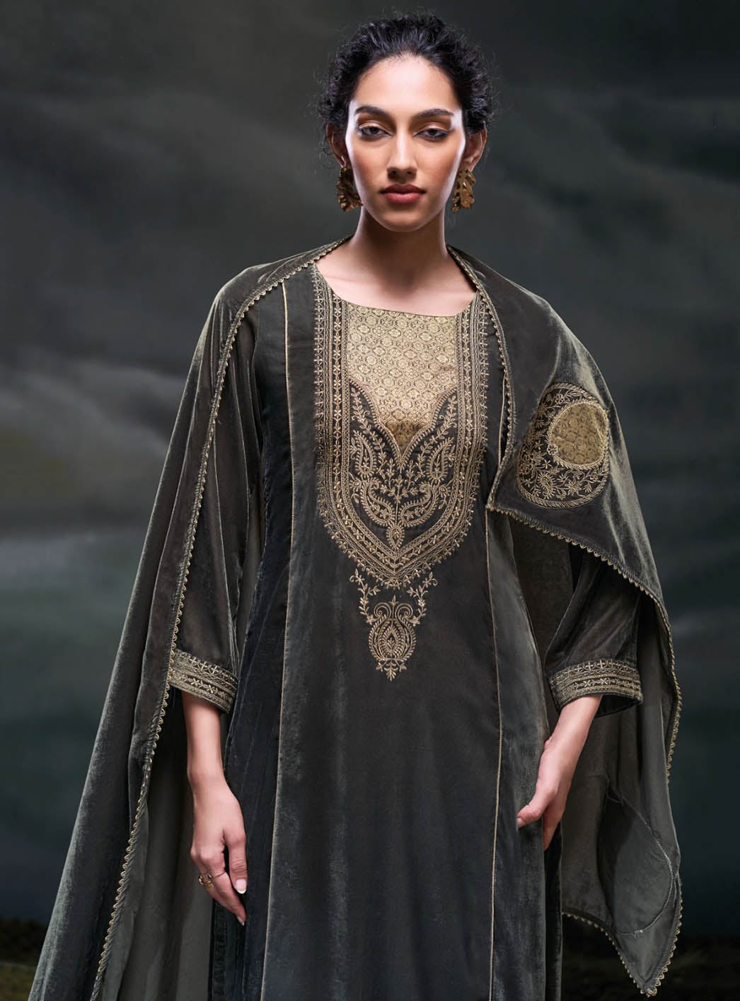 Ganga Party Wear Grey Unstitched Velvet Suit Material with Embroidery