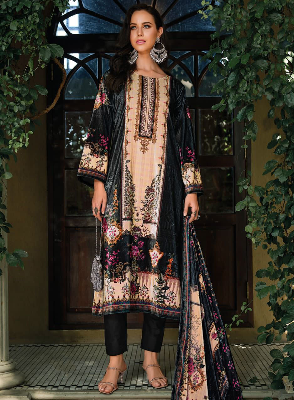Women Party Wear Black Unstitched Winter Velvet Salwar Suit Dress Material