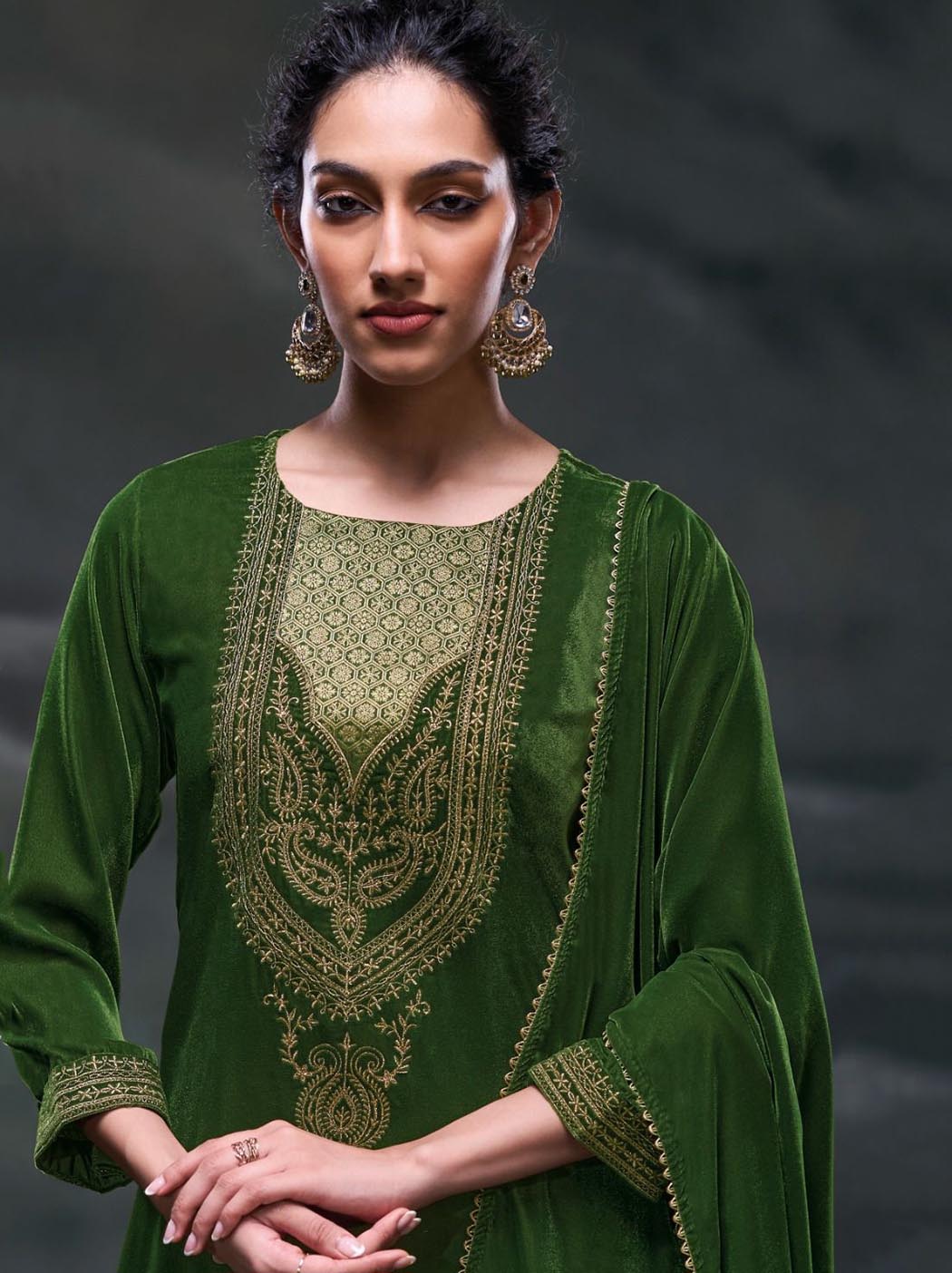 Ganga Party Wear Green Unstitched Velvet Suit Material with Embroidery