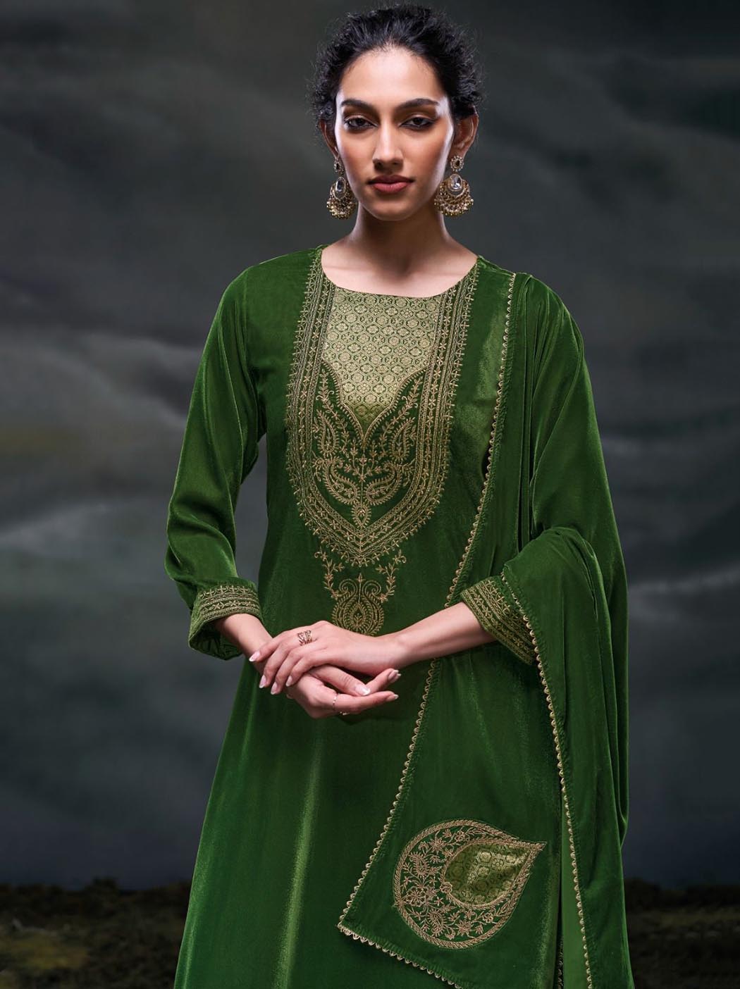 Ganga Party Wear Green Unstitched Velvet Suit Material with Embroidery