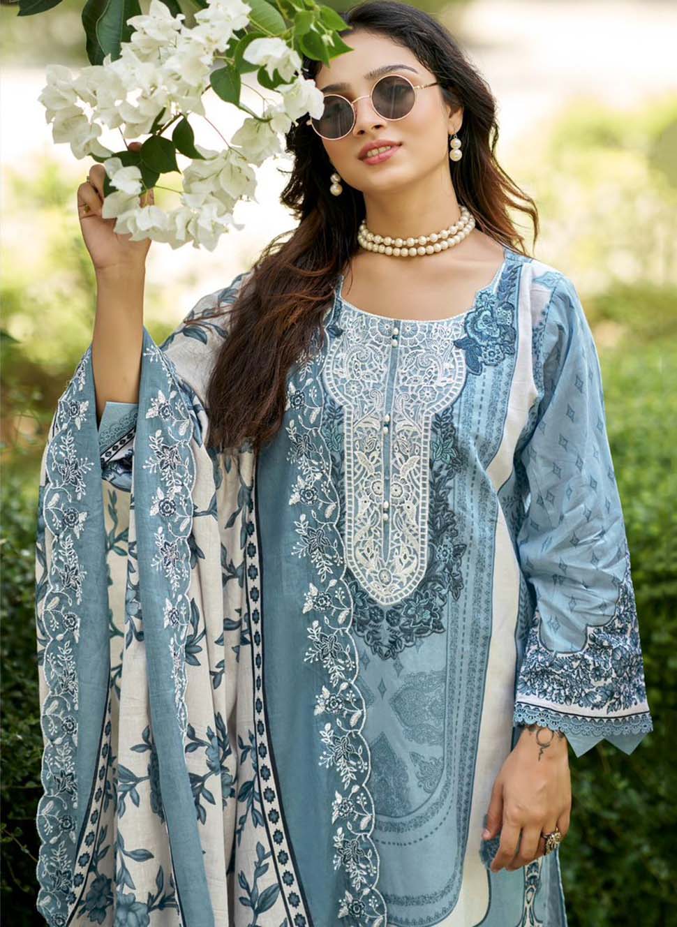 Pakistani Print Pure Cotton Unstitched Suit Material with Neck Embroidery