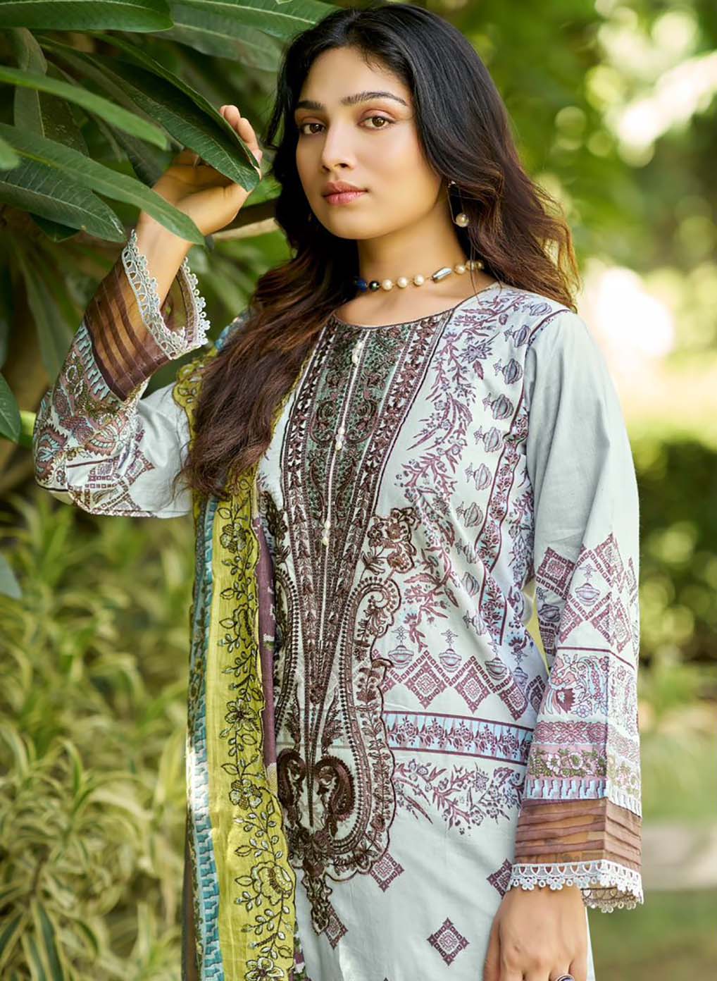 Pakistani Print Cotton Unstitched Suit Material with Neck Embroidery Patch